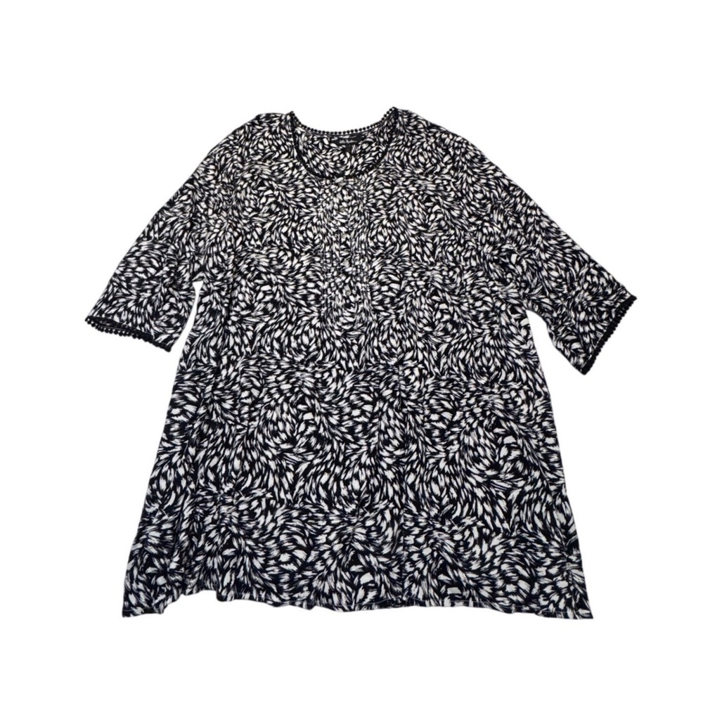 Ulla Popken Women's Top 4X 28/30 Button Black Abstract Leopard Boho Lagenlook
